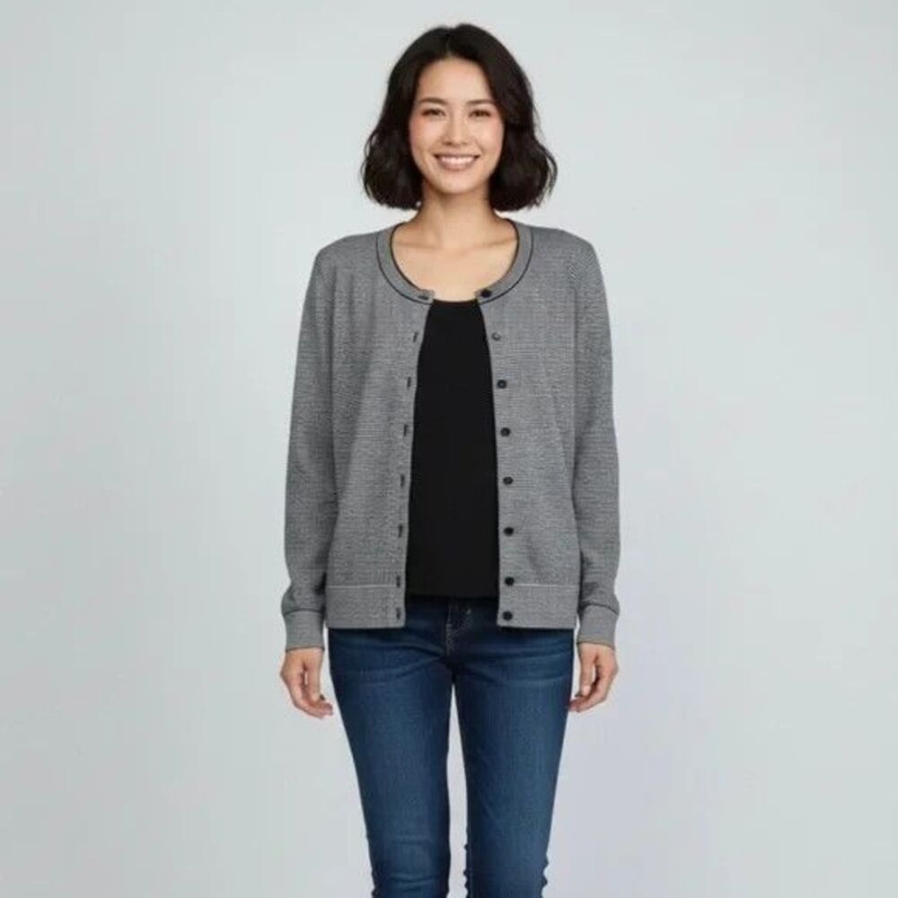 Talbots Button-Up Cardigan Petite Small Striped Black Gray & Gold Shimmer